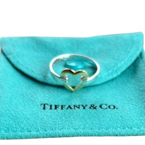 VINTAGE Tiffany & Co 18k Gold & 925 Sterling Silver Open Heart Ring - LNC - Picture 3 of 5